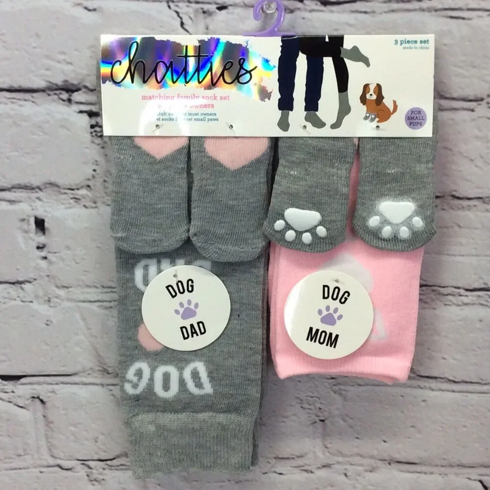 Chatties Matching Sock Set Family Pet & Owner Small Pups Dad Mom Cozy Pink/Gray